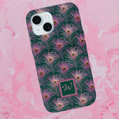 Pink Peacock Feathers en Monogram op Deep Green Case-Mate iPhone Case