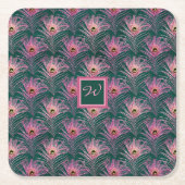 Pink Peacock Feathers en Monogram op Deep Green Kartonnen Onderzetters (Voorkant)