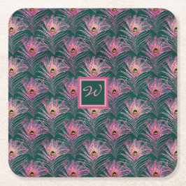 Pink Peacock Feathers en Monogram op Deep Green Kartonnen Onderzetters