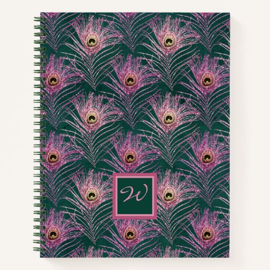 Pink Peacock Feathers en Monogram op Deep Green Notitieboek (Voorkant)
