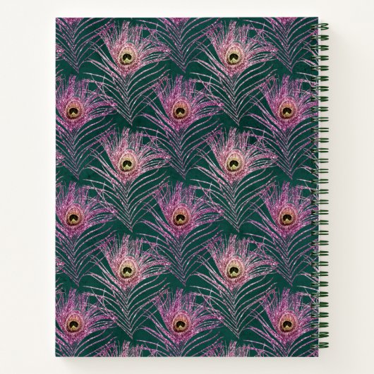 Pink Peacock Feathers en Monogram op Deep Green Notitieboek (Achterkant)