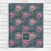 Pink Peacock Feathers en Monogram op Deep Green Notitieboek