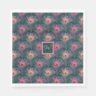 Pink Peacock Feathers en Monogram op Deep Green Servet