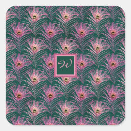 Pink Peacock Feathers en Monogram op Deep Green Vierkante Sticker