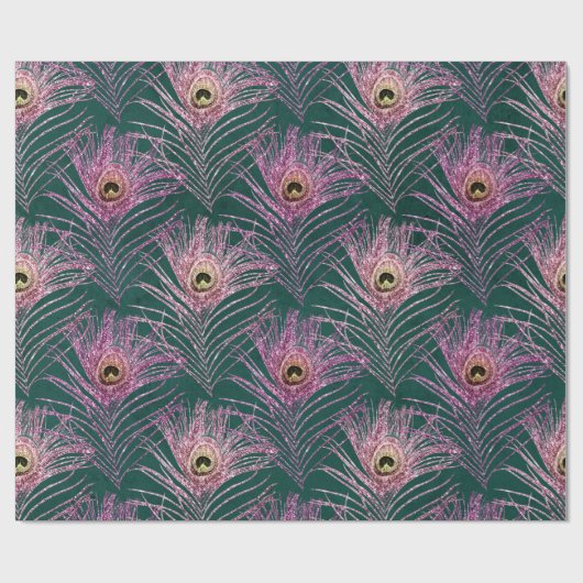 Pink Peacock Feathers on Green Cadeaupapier (Vlak)