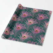 Pink Peacock Feathers on Green Cadeaupapier (Uitgerold)