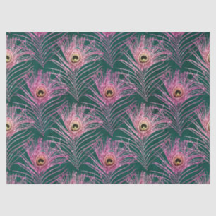 Pink Peacock Feathers op Green Decoupage Tissuepapier