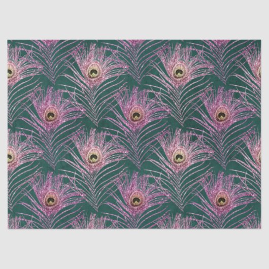 Pink Peacock Feathers op Green Decoupage Tissuepapier (Voorkant)