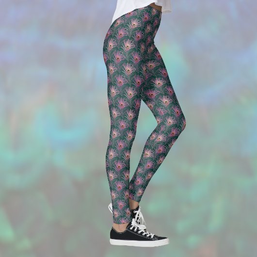 Pink Peacock Feathers Pretty Pattern on Deep Green Leggings
