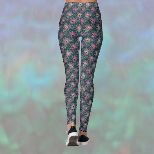 Pink Peacock Feathers Pretty Pattern on Deep Green Leggings