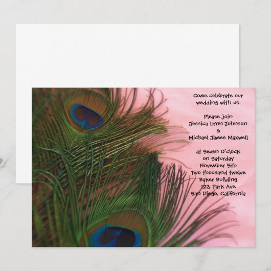 Pink Peacock Feathers Wedding Kaart (Voorkant / Achterkant)