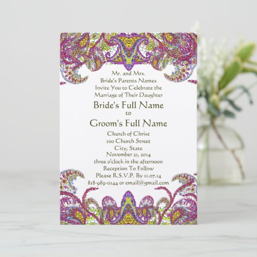 Pink Peacock Paisley Gatsby Wedding Invitation Kaart (Staand voorkant)