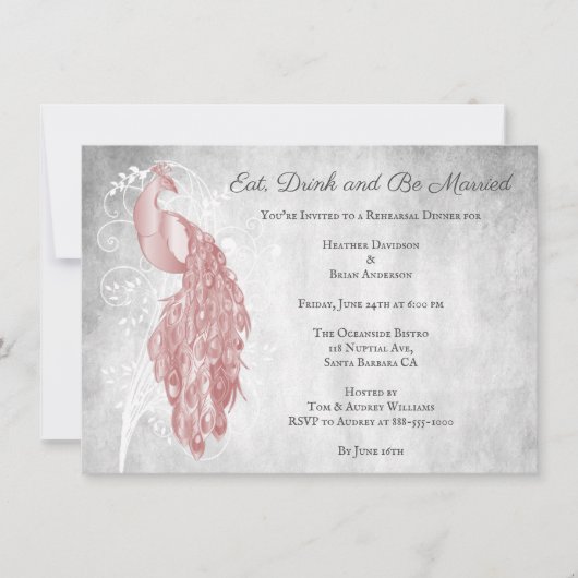Pink Peacock Rehearsal Dinner Invitation Kaart (Voorkant)