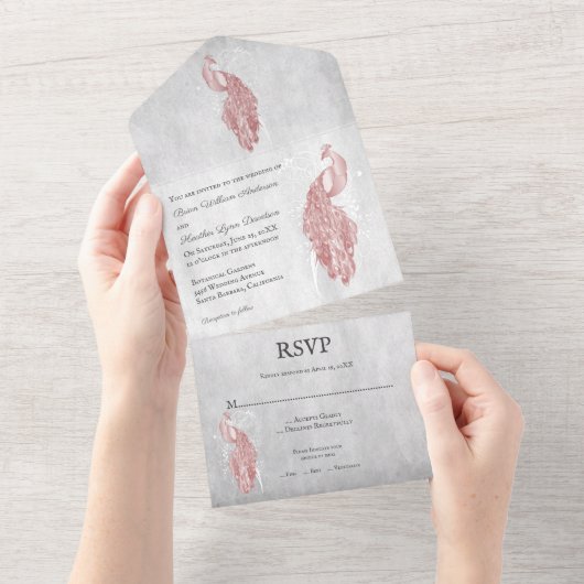 Pink Peacock Wedding All In One Uitnodiging (Afscheurbaar)