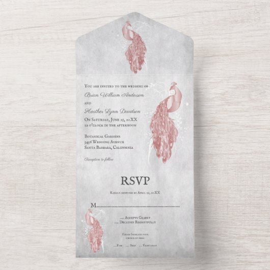 Pink Peacock Wedding All In One Uitnodiging (Binnen)