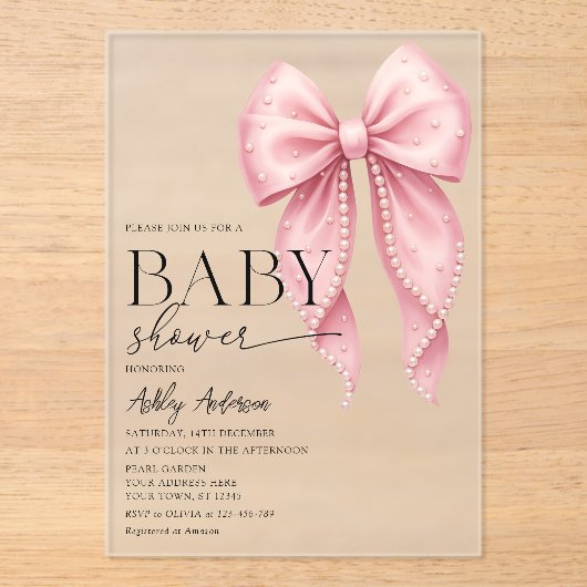 Pink Pearl Bow Girl Baby Shower Acryl Uitnodigingen (Voorkant)