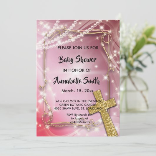  Pink Pearl Cross Baby shower Kaart (Staand voorkant)