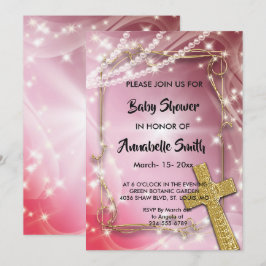  Pink Pearl Cross Baby shower Kaart