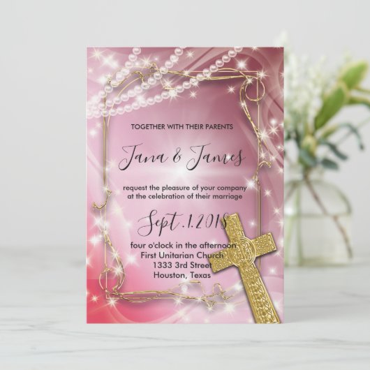 Pink Pearl Cross bruiloft Kaart (Staand voorkant)