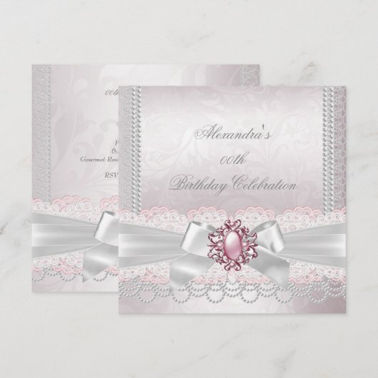 Pink Pearl Lace Damask White Bow Party Kaart (Voorkant / Achterkant)