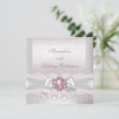 Pink Pearl Lace Damask White Bow Party Kaart (Staand voorkant)
