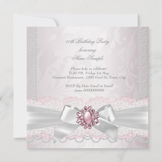 Pink Pearl Lace Damask White Bow Party Kaart (Achterkant)