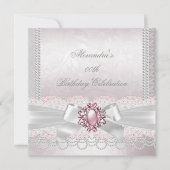 Pink Pearl Lace Damask White Bow Party Kaart (Voorkant)