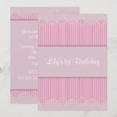 Pink Pearl Pinstripe Meisjes 1e Verjaardagsfeest Kaart (Voorkant / Achterkant)