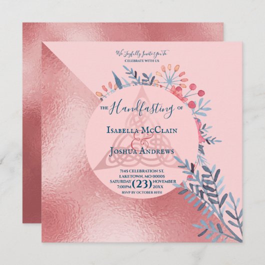 Pink Pearl Waterverf Floral Pagan Handfasting Aankondiging (Voorkant / Achterkant)