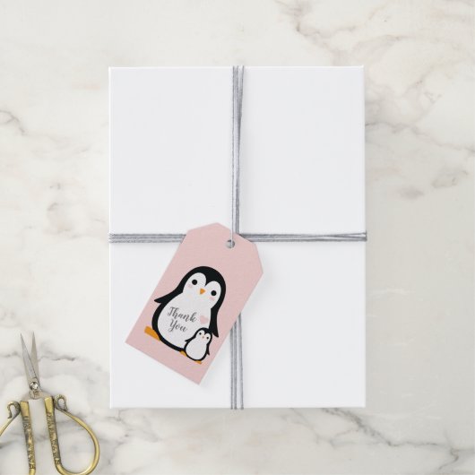 Pink Penguin Baby shower Cadeaulabel (Met Touw)