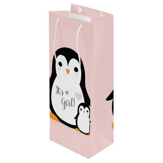 Pink Penguin Baby shower Wijn Cadeautas (Achterkant Gekanteld)