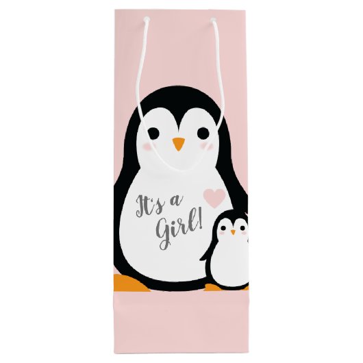 Pink Penguin Baby shower Wijn Cadeautas (Achterkant)