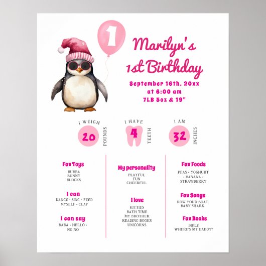 Pink Penguin First Birthday Milestone Poster (Voorkant)