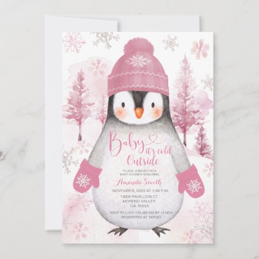 Pink Penguin gebreid pet Sneeuwvlokken Baby shower Kaart (Voorkant)