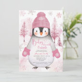 Pink Penguin gebreid pet Sneeuwvlokken Baby shower Kaart (Staand voorkant)