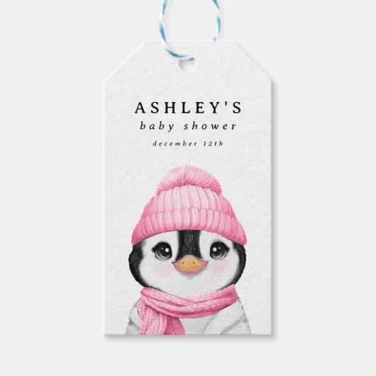 Pink Penguin Winter Baby shower Cadeaulabel (Voorkant)