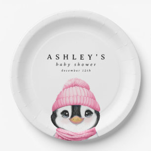 Pink Penguin Winter Baby shower Papieren Bordje