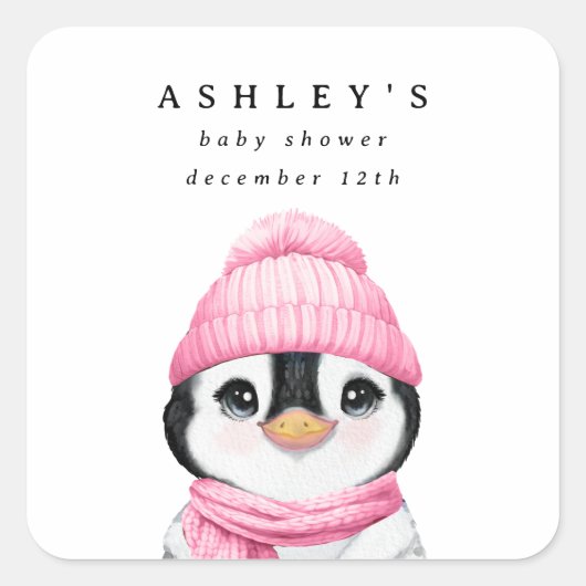 Pink Penguin Winter Baby shower Vierkante Sticker (Voorkant)