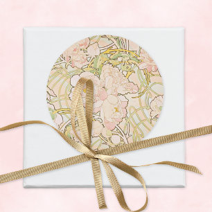 Pink Peonies Alphonse Mucha Ronde Sticker