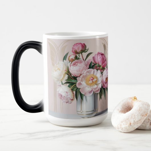 Pink Peonies Art Deco Morphing Mug Magische Mok (Met donut)