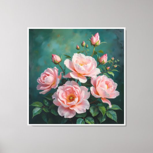 Pink Peonies Artwork on Emerald Green Canvas Afdruk (Voorkant)
