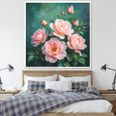 Pink Peonies Artwork on Emerald Green Canvas Afdruk (Insitu (Slaapkamer))