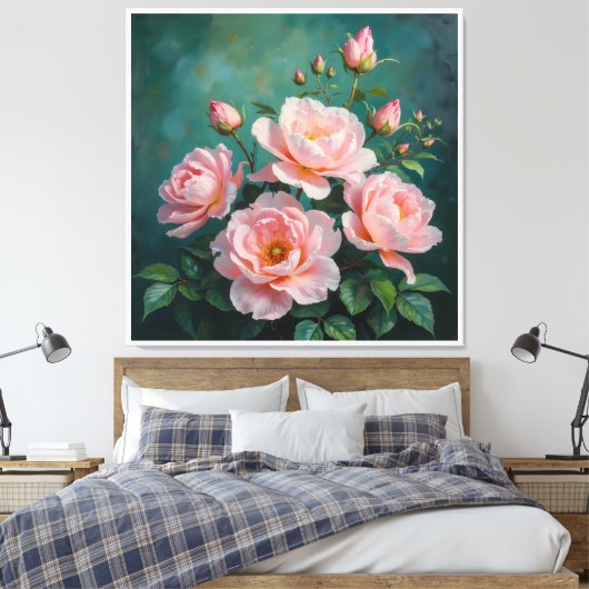 Pink Peonies Artwork on Emerald Green Canvas Afdruk (Insitu (Slaapkamer))