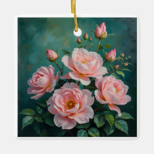 Pink Peonies Artwork on Emerald Green Keramisch Ornament (Voorkant)