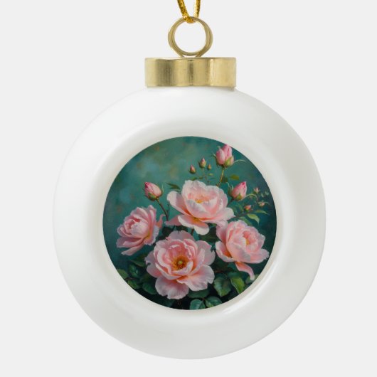 Pink Peonies Artwork on Emerald Green Keramische Bal Ornament (Voorkant)