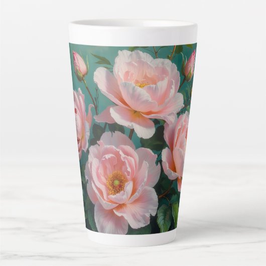 Pink Peonies Artwork on Emerald Green Latte Mok (Voorkant)