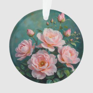 Pink Peonies Artwork on Emerald Green Ornament