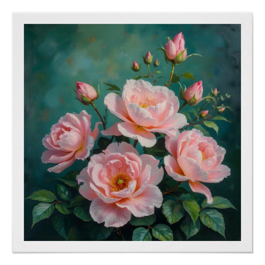 Pink Peonies Artwork on Emerald Green Perfect Poster (Voorkant)