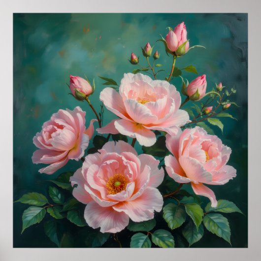 Pink Peonies Artwork on Emerald Green Poster (Voorkant)