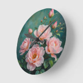 Pink Peonies Artwork on Emerald Green Ronde Klok (Hoek)